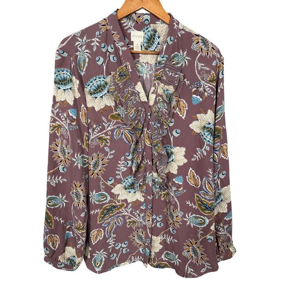 Chico's Blouse Women's 4 XXL Jacobean Bouquet Floral Pleated Ruffle Long Sleeve - Picture 1 of 12